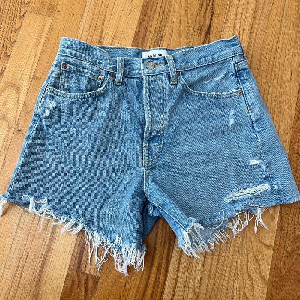Agolde Parker Long Distressed Denim Shorts